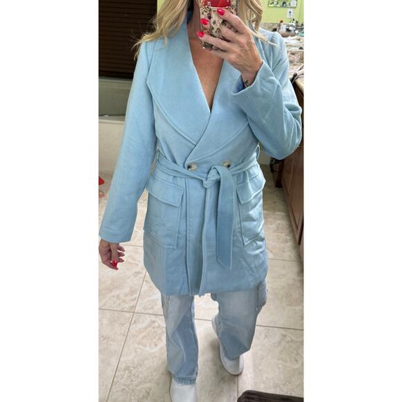 Allegra K light blue double breasted coat winter jacket long with belt NWT Small - Picture 3 of 9